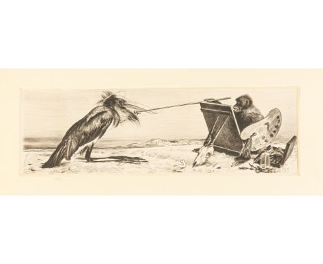 Müller, Richard (Tschirnitz a.d. Eger, Dresden 1874-1954) Der Künstler (Affe einen Marabu zeichnend)  Radierung auf festem ch