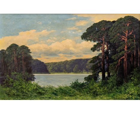 Hellgrewe, Rudolf (Hammerstein/Westpr., Berlin 1860-1926) Märkischer See von Kiefern und Wald umgeben   Sign. Öl auf Lwd. 81×