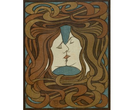 Behrens, Peter (Hamburg, Berlin 1868-1940) "Der Kuss"  1898 Sechsfarbiger Holzschnitt für die Zeitschrift "Pan", Jg. IV, Heft