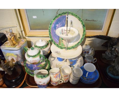 A Tray Containing Oriental Teawares, Three Tier Cake Stand, Coffee Cans and Saucers 