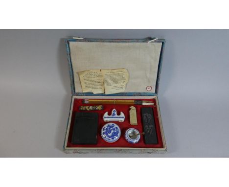 A Cased Chinese Writing Set to Include Writing Brushes, Ink, Seal etc 