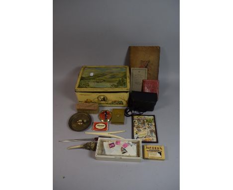 A Vintage Tin Containing Curios to include 1950's Mascot ASB Powder Compact and Cigarette Case with Brick Effect Decoration, 