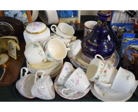 A Tray Containing Floral Patterned Teacups and Saucers, Wedgwood Raspberry Pattern Teawares, Aynsley Little Sweetheart Biscui