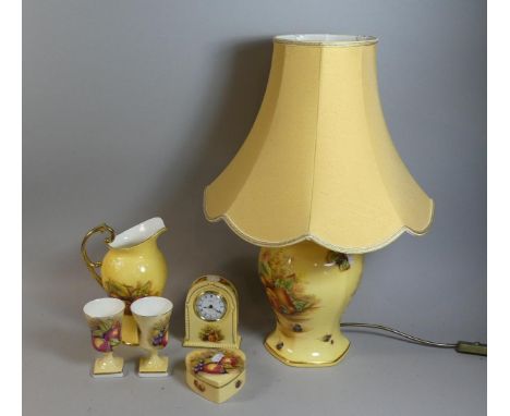 A Collection of Aynsley Orchard Gold China to Include Large Table Lamp, Pair of Vases, Heart Shaped Box and a Mantle Clock To