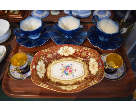 A Pair of Gilt and Cobalt Blue Cabinet Cups and Saucers, Crown Hand Painted Tray and Three Carlton Ware Blue Glazed Cups and 