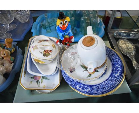 A Tray of Ceramics and Glassware to Include End of the Day Clown, Royal Worcester Evesham, Blue and White Plates etc 