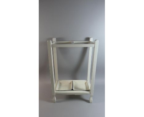 A White Painted Two Division Stick Stand with Metal Drip Trays, 38cm Wide 