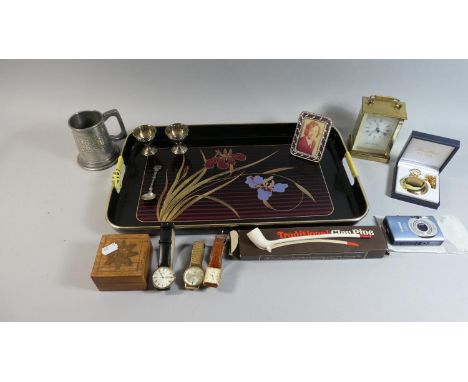 A Tray of Sundries to Include Wrist Watches, Carriage Clock, Clay Pipe, Canon Digital Camera, Pocket Watch Etc 