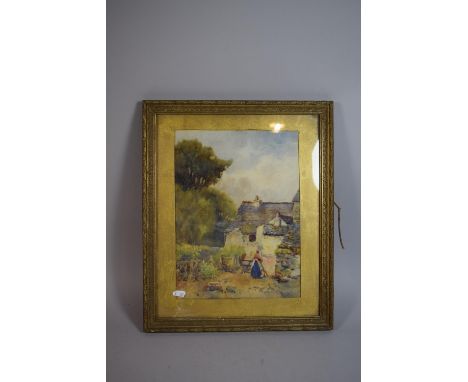 A Gilt Framed Water Colour Depicting Stone Farm House with Figure Opening Gate to Foreground 