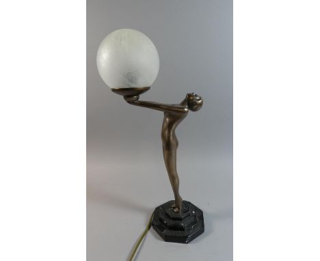 A Modern Art Deco Style Table Lamp of Nude on Tip-toes Standing on Stepped Octagonal Plinth, 49cm High 