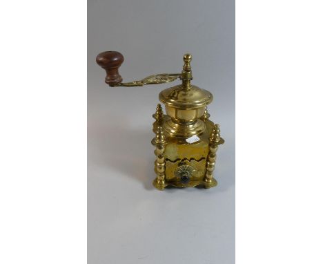 A Vintage 20th Century Brass Coffee Grinder with Wooden Handle, 26cm High 