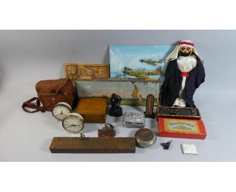 A Tray of Curios to Include Cribbage Board, Westclox Alarm Clocks, Dominoes, Circular Cologne Tobacco Box, Vintage Tin Etc 