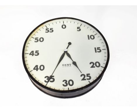 GENT OF LEICESTER; a large vintage circular wall clock with black painted frame centred with a white dial set with Arabic num