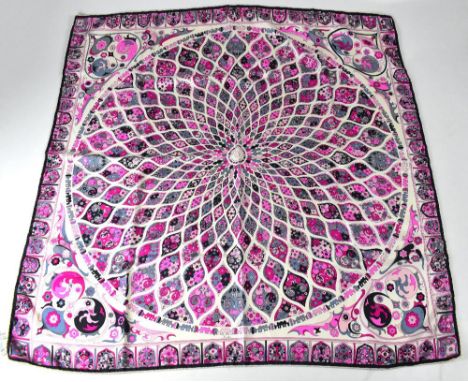 EMILIO PUCCI; a vintage silk scarf in cerise pink, pinks and grey Indian-inspired design with Emilio script.