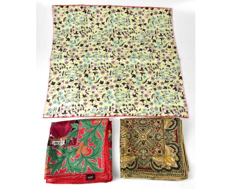 LIBERTY; three vintage silk scarves, a cream floral scarf with red border, a bottle green coffee and brown paisley-style scar