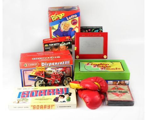 A collection of vintage and modern toys to include a Casdon 'Dispender Till', 'Etch-a-Sketch', 'Magna Doodle', face painting 