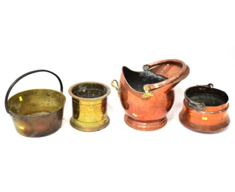 Various items of copper and brass to include a late 19th/early 20th century copper coal scuttle of helmet shape, height to to