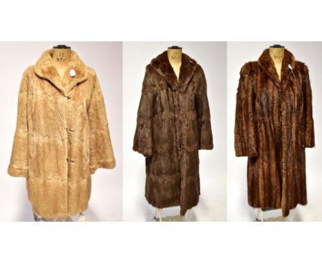 Three vintage fur coats comprising a G A Spenceley of Harrogate brown striped fur coat with lapel, hook and eye fastenings an