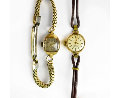 BULOVA; a ladies' crown wind wristwatch, with 10ct gold filled case, on gold plated bracelet strap and a ladies' vintage 9ct 