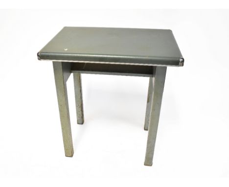 A vintage green painted metal workshop table, with leatherette textured top and chrome trim, 78 x 71 x 49cm. CONDITION REPORT