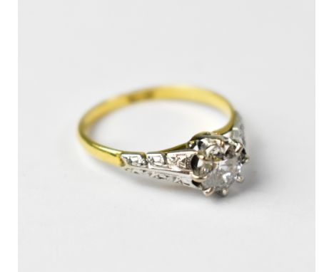 An 18ct yellow gold ring set with single central diamond, approx 1/3ct, size K, approx 1.7g.