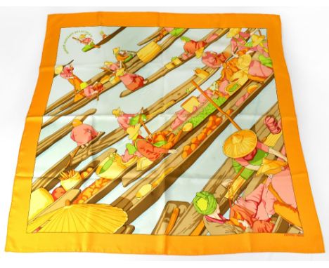 HERMÈS; a vintage silk scarf, 'Marche Flottant Du Lac Inle II' designed by Dimitri Rybaltchenko, in aqua and orange, 85 x 85c