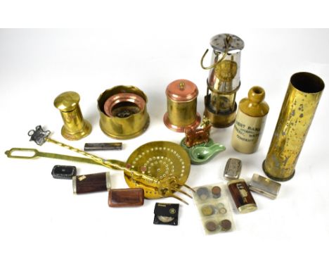 A collectors' lot to include vintage Eccles No.102 miner's lamp, six various snuff boxes, a Hest Bank Mineral Water stoneware