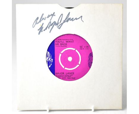 MAJOR LANCE; a single record, 'The Beat', bearing the performer's signature to the card sleeve.We have not authenticated thes