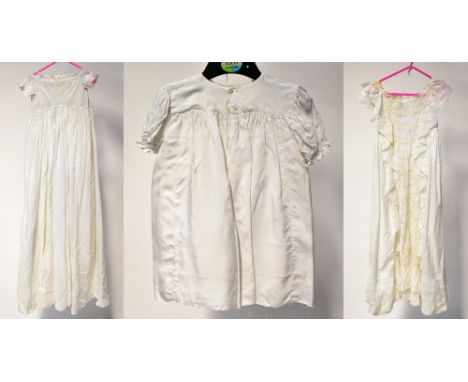 Two vintage Christening gowns, both cotton lawn, one with embroidered panel to the top, short sleeves with white work inlay, 