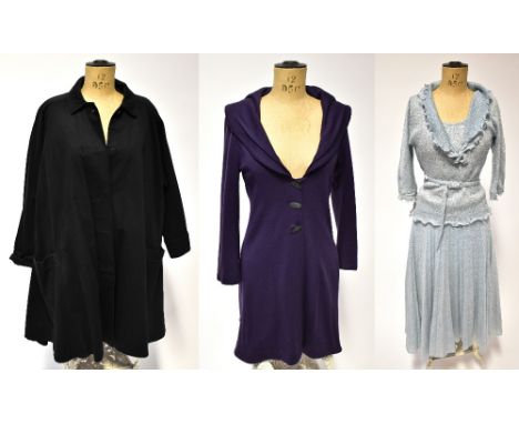 A quantity of vintage clothes to include a black swing mac from Miss Selfridge, a c1960s Joyce Ridings fitted purple coat wit