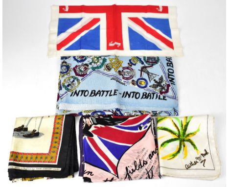 Five military commemorative related scarves, a Jacqmar WWII 'Into Battle', cotton scarf with regimental cap badges, 90 x 90cm