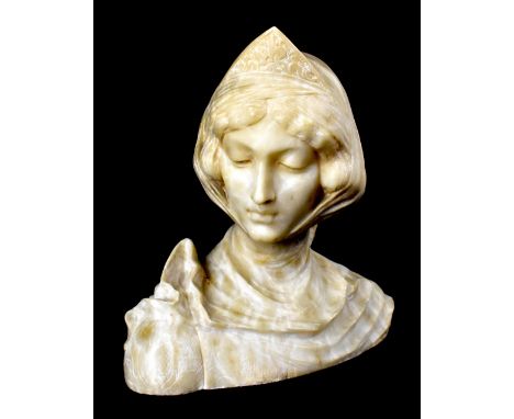 A 19th century alabaster bust in the Pre-Raphaelite manner, depicting the head and shoulders of a maiden with a Medieval-styl