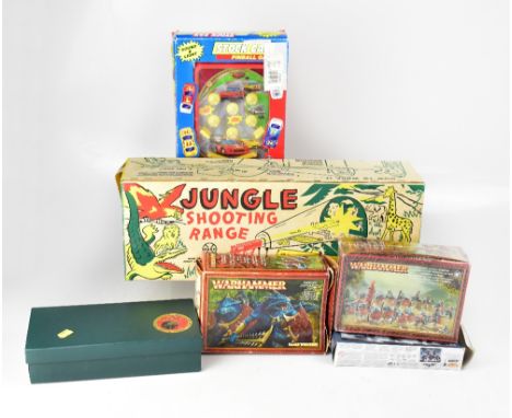 A quantity of loose and boxed Lego, various Warhammer items, a children's large wooden abacus on stand, various boxed games t