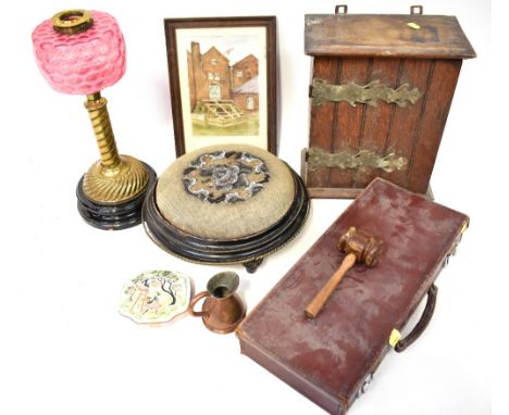 Various antique and vintage collectibles to include a beaded footstool with gilt metal circular edging, raised on three short