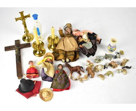 A collectors' lot to include vintage costume dolls, a quantity of Wade miniature animals to include hippo, elephants, camel a