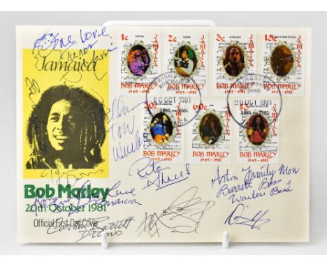 BOB MARLEY AND THE WAILERS; a commemorative 1981 first day cover bearing numerous signatures of the band members (not includi