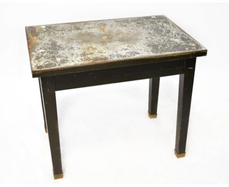 A vintage painted metal workshop table raised on four square tapering supports, 76 x 91 x 61cm. CONDITION REPORT As a worksho