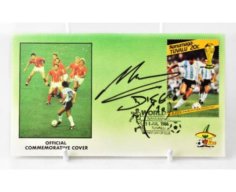 DIEGO MARADONA; an official commemorative cover of the 1986 World Cup, bearing the Argentinean's signature, 19.5 x 16cm.We ha