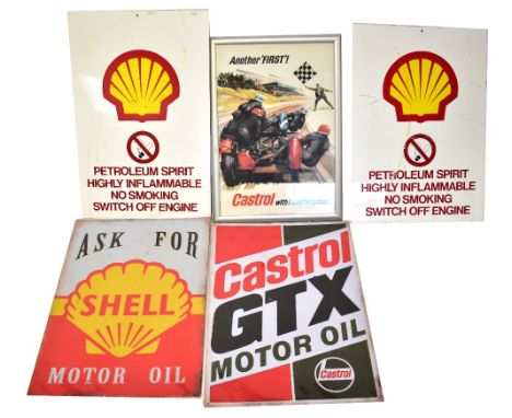 Five motoring related posters to include two 'Petroleum High Inflammable No Smoking Switch Off Engine' posters, a 'Castrol GT
