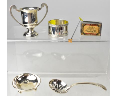 Various items of hallmarked silver to include a sugar sifter ladle, length 11cm, a small matchbox cover with engine turned ba