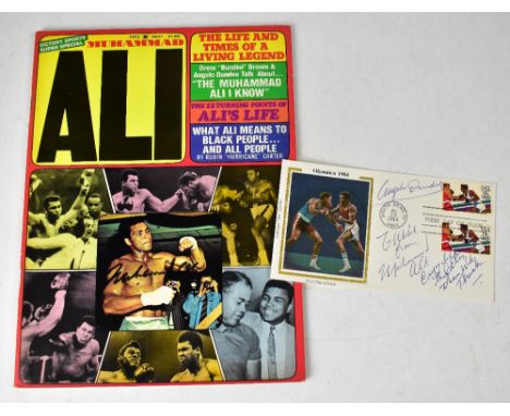 MUHAMMAD ALI; a first day cover bearing the legendary boxer's signature, along with Angelo Dundee, also a magazine bearing th