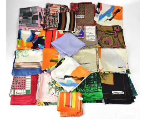 JACQMAR; twenty-one vintage silk scarves in multitude of colourways, patterns, to include floral, commemorative, and abstract
