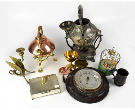 A quantity of collectible items, mainly metalware to include a copper kettle on a decorative brass tripod stand, a silver pla