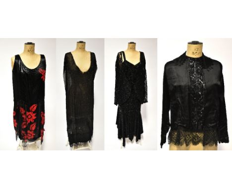 Four Edwardian and later items of clothing comprising an Edwardian black silk beaded and sequinned top, with full-length slee