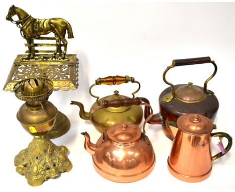 A collection of antique and vintage brass and copper metalware to include copper and brass kettle, brass paraffin lamp with c