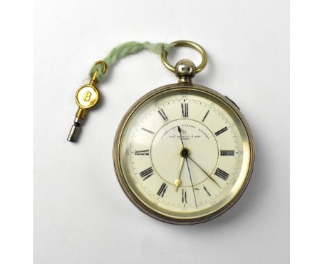 THOMAS RUSSELL &amp; SON; a silver chronograph open face pocket watch, the white enamelled dial set with Roman numerals and m