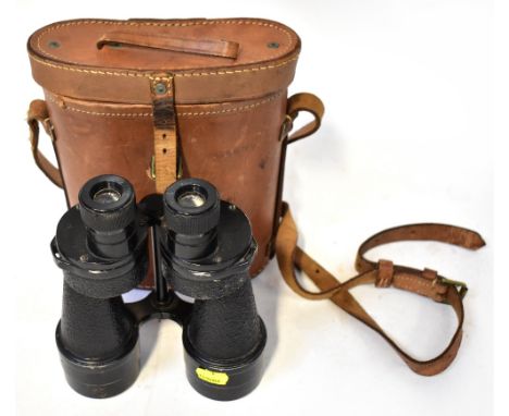 A pair of WWII military British Bino Prismatic No.5 Mk IV binoculars, with military arrow mark and leather case.