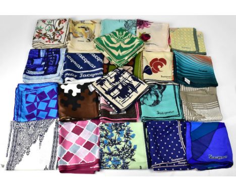JACQMAR; twenty-two vintage silk scarves, various colour palettes and patterns to include floral, abstract, spot, and various