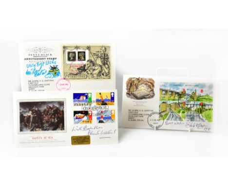 Three first day covers bearing signatures of Kenneth Williams, Spike Milligan and Michael Bentine (3).We have not authenticat