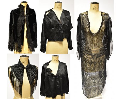 A group of Victorian, Edwardian and later textiles, to include a c1920s chiffon and net jet beaded dress with V-neck back, dr